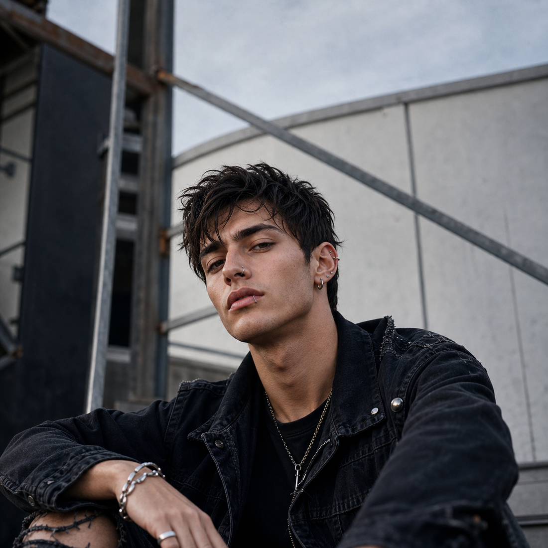 DULAUS men's punk streetwear jewelry styling with black denim and silver-tone accessories