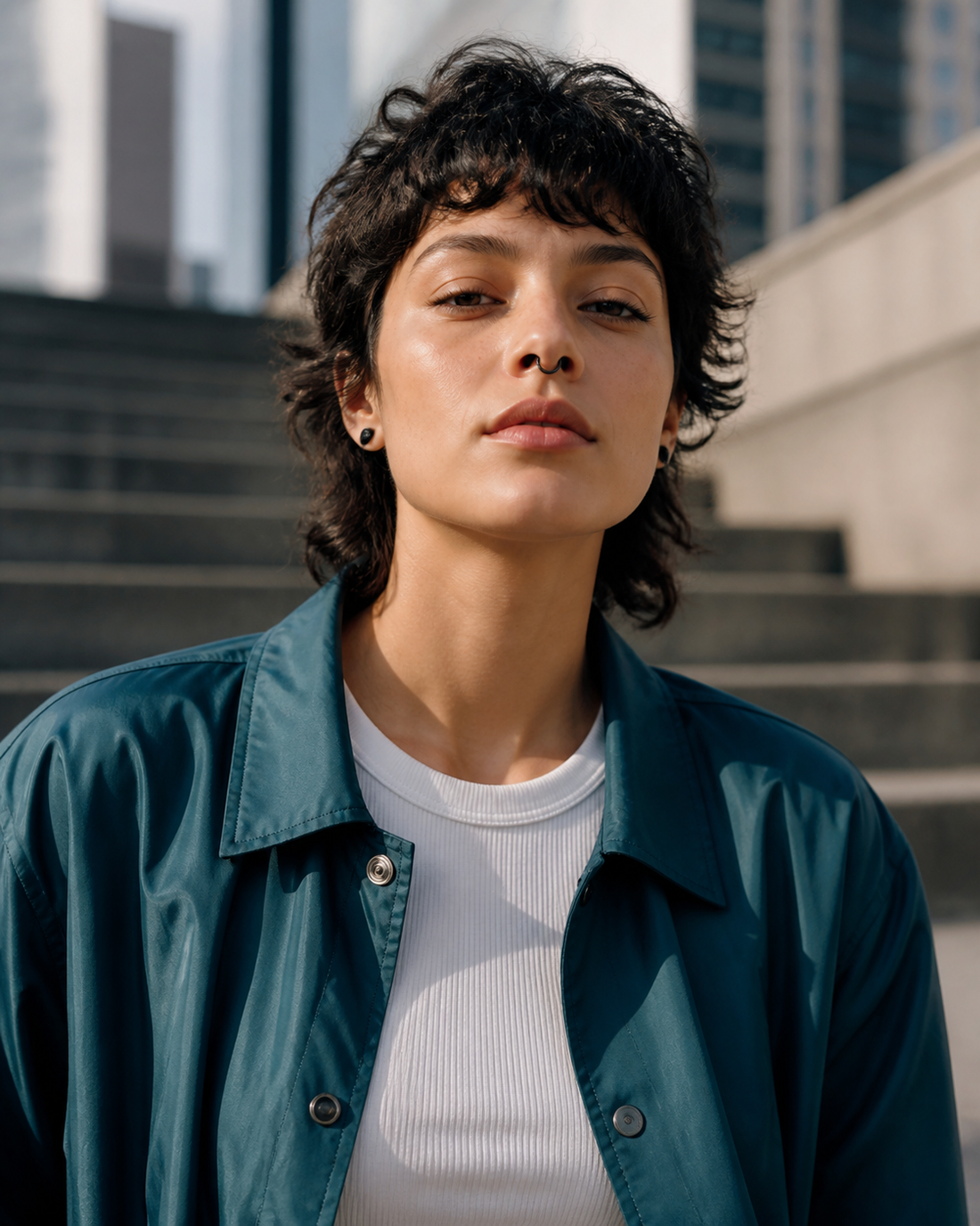 Adult model in a deep teal coach jacket wearing a small black septum ring