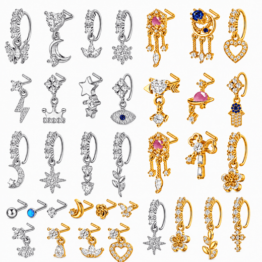 36PCS Copper Alloy Nose Studs & Hoops - L-Shaped Rhinestone Charms, K14 Gold Plated & Silvery