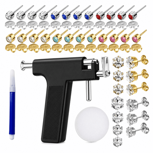 63PCS Ear Piercing Kit - CZ & Color Studs, Applicator, Marker & Ear Pad