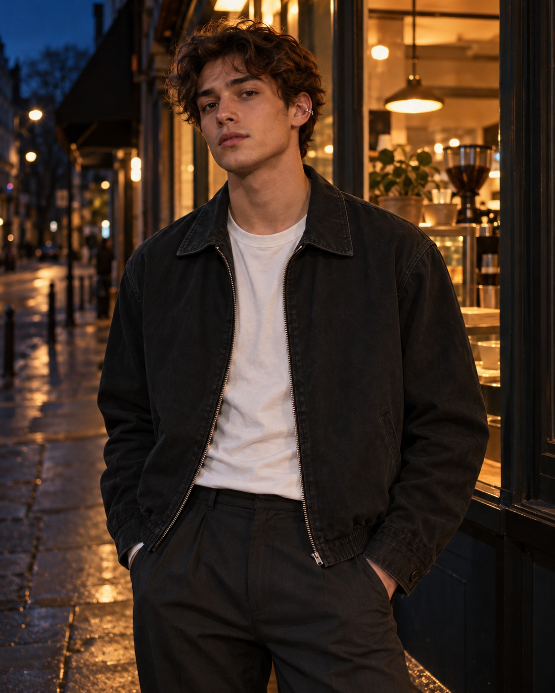 Streetwear model in a faded-black Harrington jacket and silver ear cuff outside a warmly lit coffee shop at night