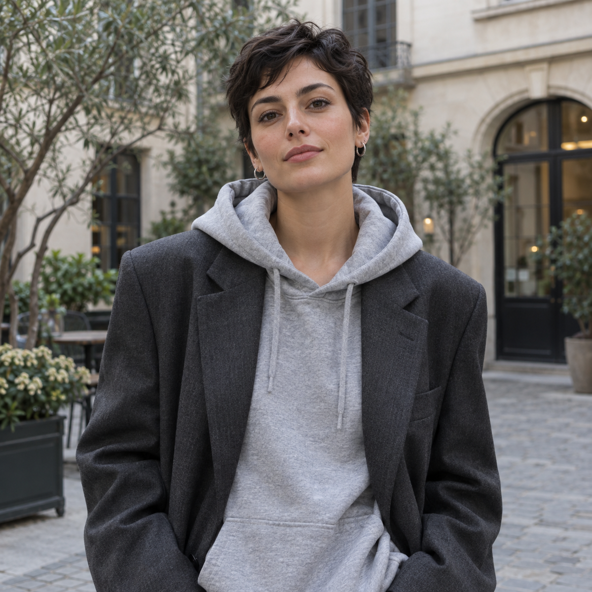Adult model wearing a charcoal blazer over a gray hoodie with small silver ear hoops in a city courtyard