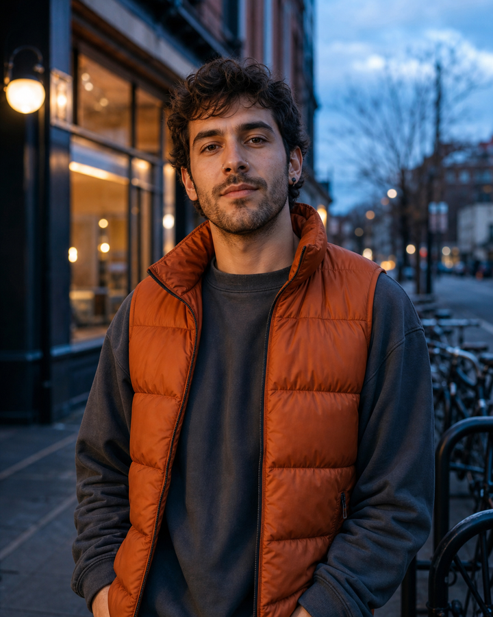 Burnt Orange Puffer Vests and Black Nose Hoops for Blue-Hour Style