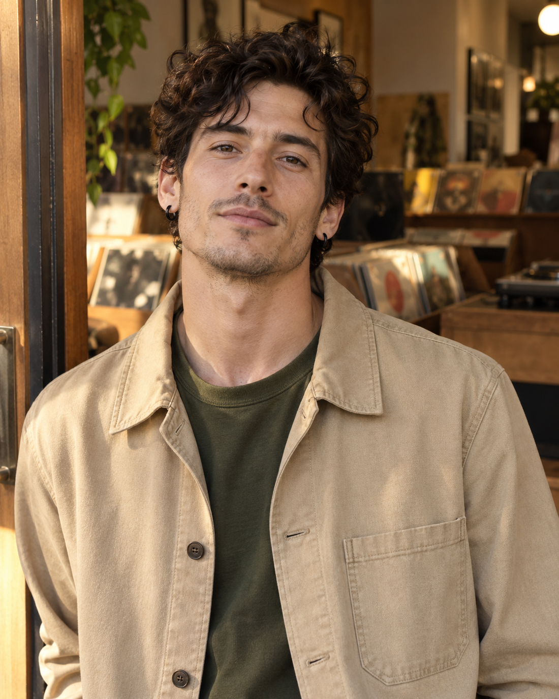 Adult model in a sand canvas chore coat with black ear hoops at a warm vinyl store entrance