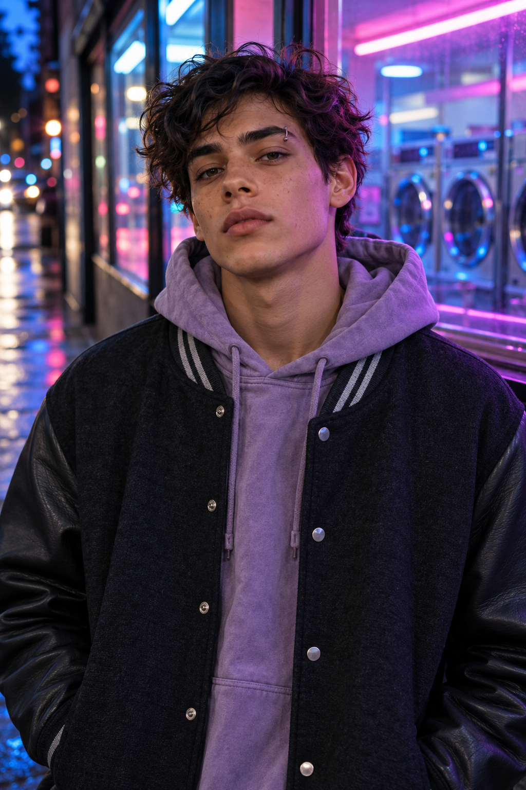 Streetwear model in a charcoal varsity jacket and lilac hoodie wearing a silver eyebrow ring outside a neon laundromat