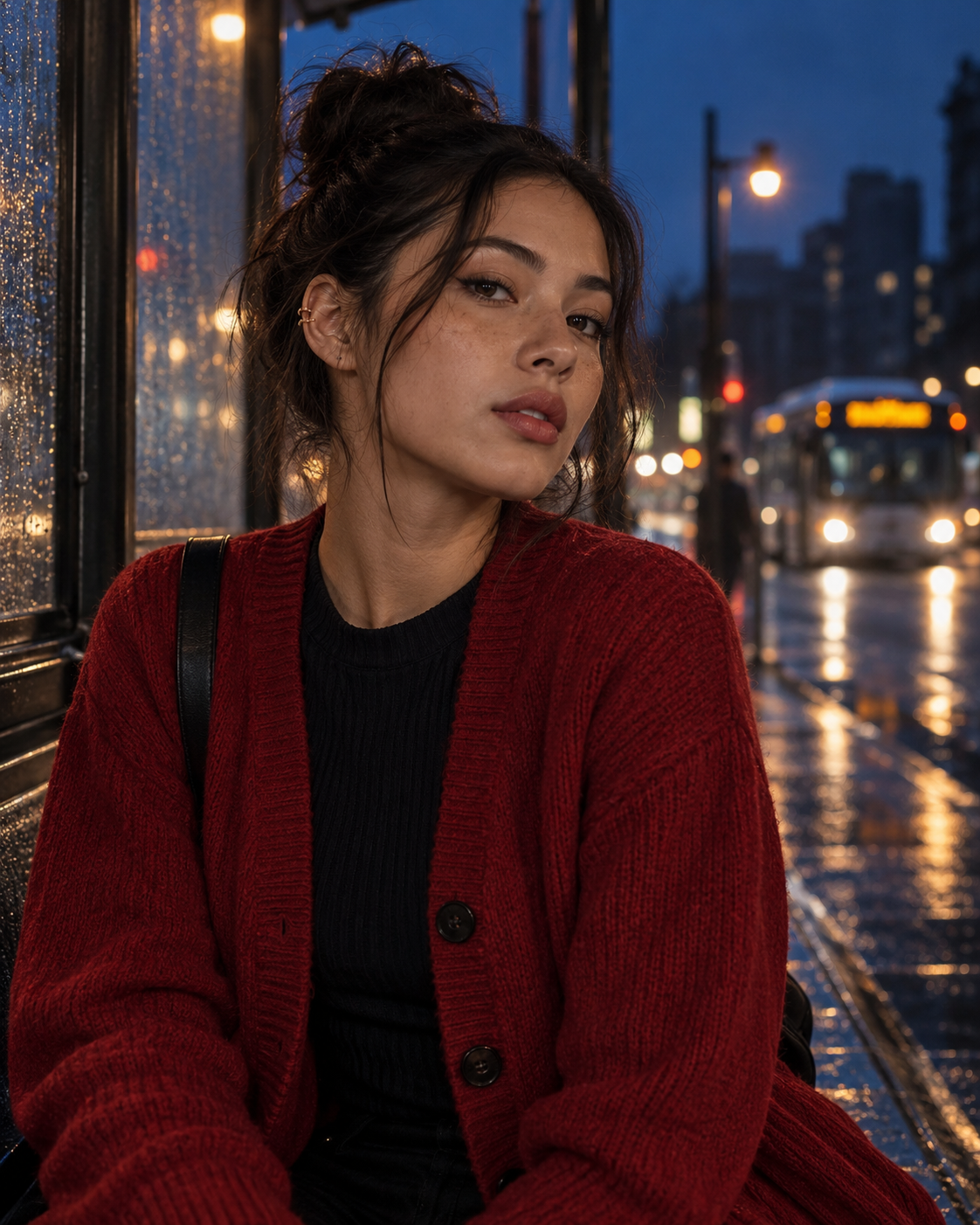 Streetwear model in a cherry-red cardigan at a night bus stop wearing a gold helix cuff