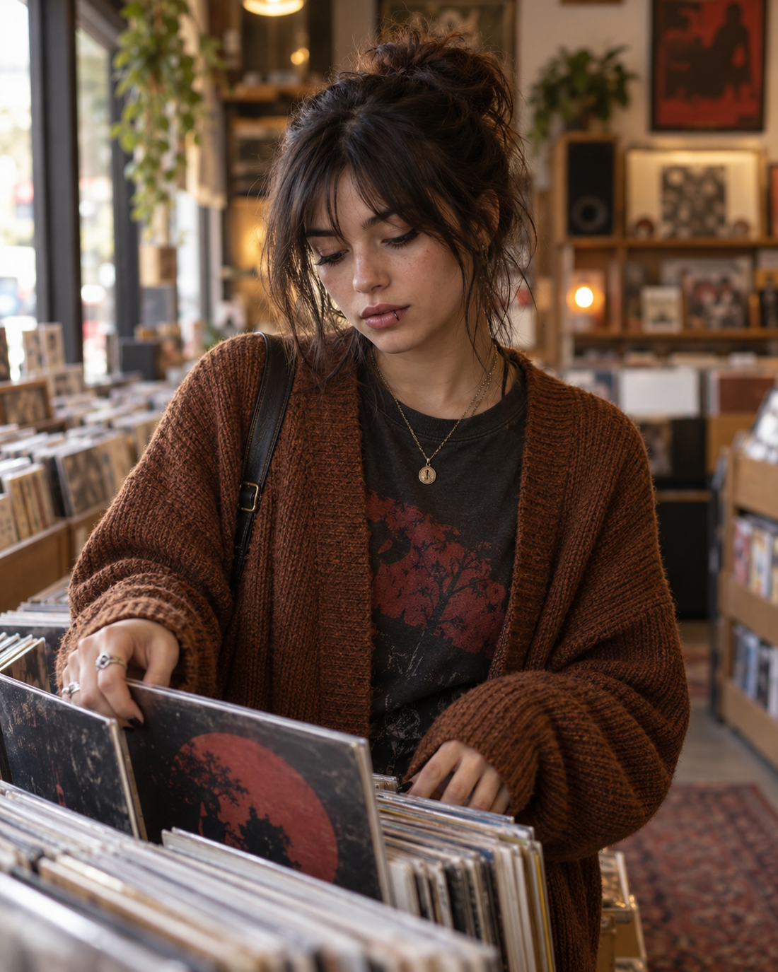 Adult model in a cinnamon-brown cardigan with a black lip ring browsing records in a warm vinyl shop