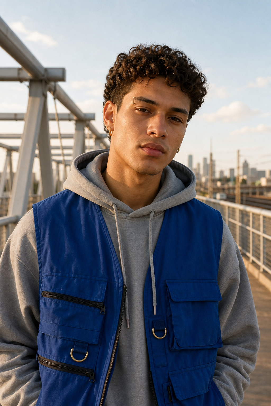 Adult model layering a cobalt utility vest over a gray hoodie with gold brow and ear jewelry
