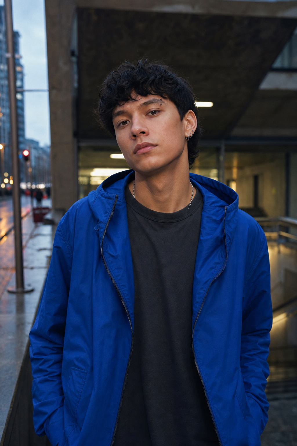 Adult model in a cobalt windbreaker wearing a silver eyebrow ring and silver ear jewelry
