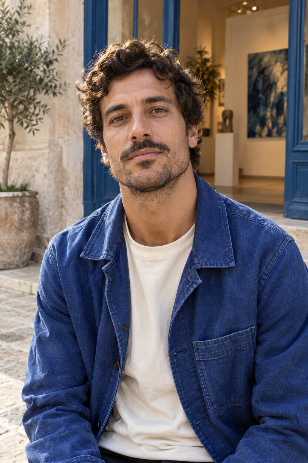 Adult model in a cobalt work jacket with a gold nose hoop outside a blue gallery entrance