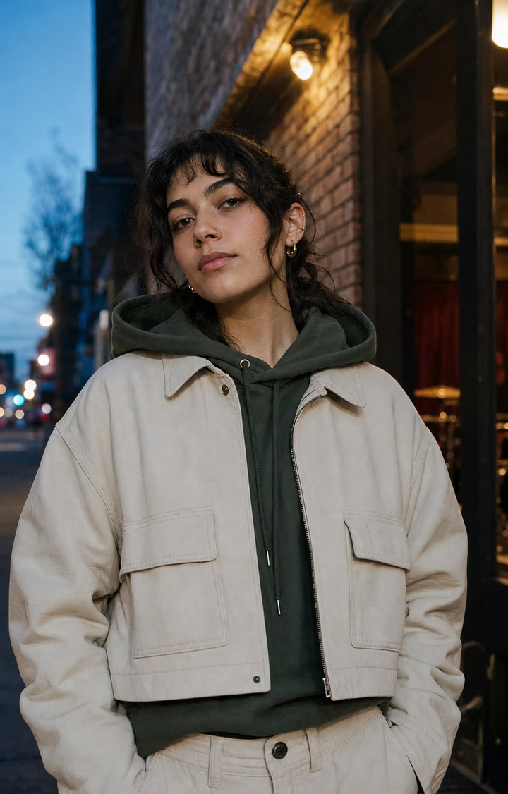 Cream Utility Jackets and Gold Nose Hoops for Blue-Hour Street Style