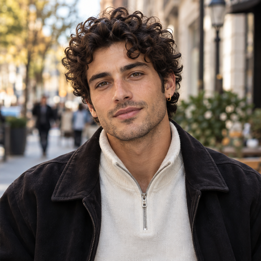 Style inspiration: adult model in a cream zip-neck sweatshirt and dark jacket with a small gold hoop earring