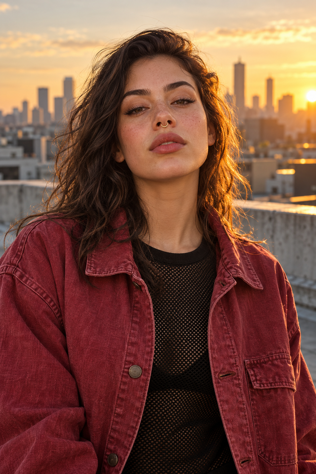 Streetwear model in a crimson canvas overshirt wearing a gold septum ring on a city rooftop at sunset