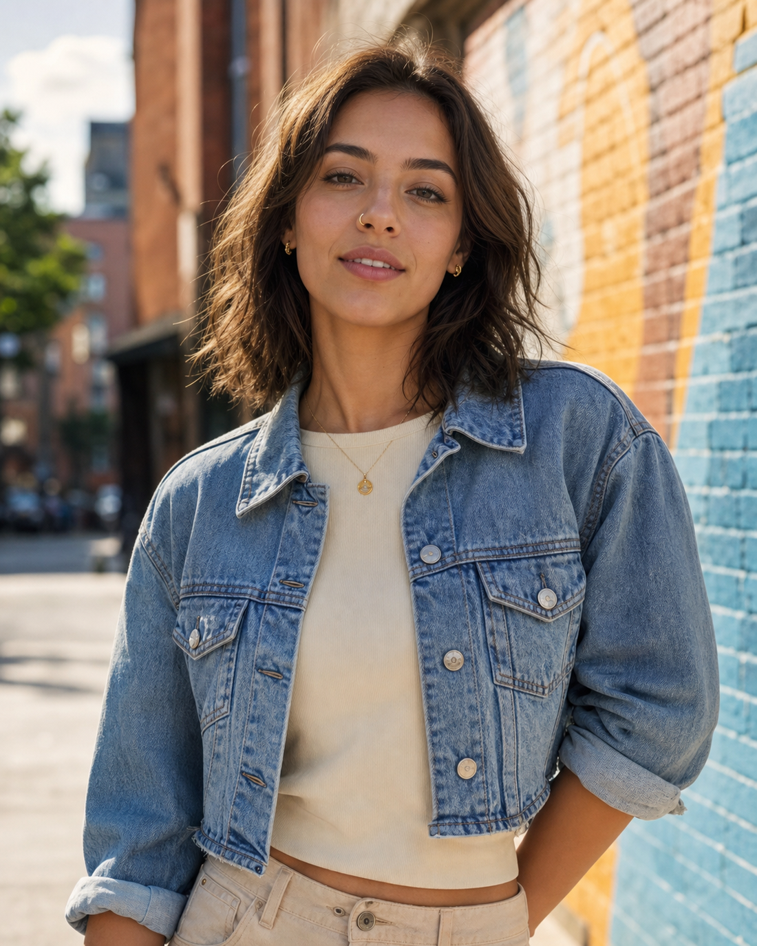 Street style model in a cropped denim jacket wearing a minimal gold nose hoop
