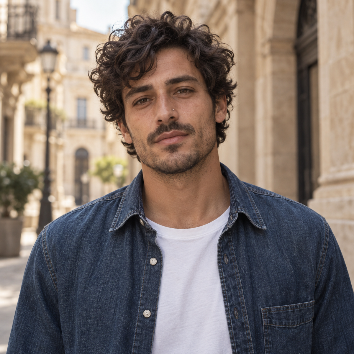 Adult model wearing an open indigo denim shirt over a white tee with a small silver nose stud against warm stone architecture