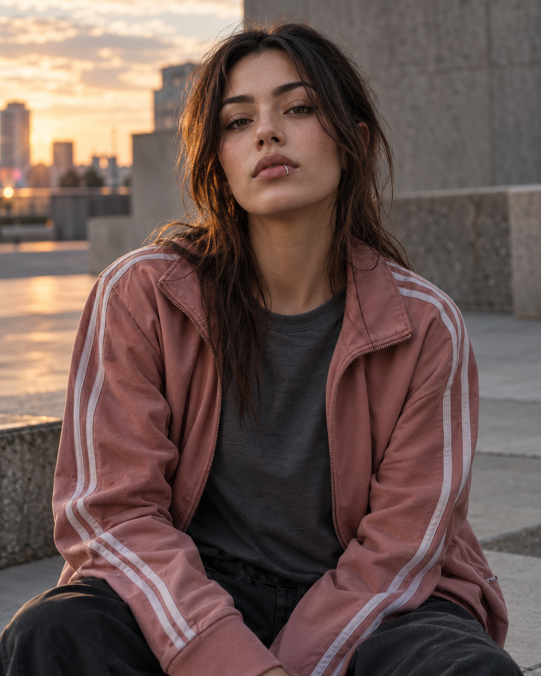 Adult model in a dusty rose track jacket with a silver lip ring at a concrete city plaza