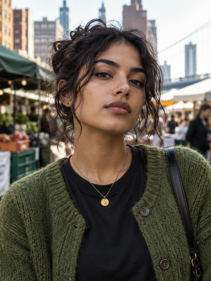Adult model in a moss green cardigan with a gold nose hoop at a city market
