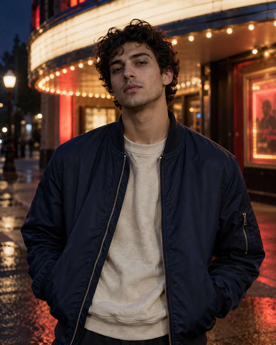 Adult model in a midnight blue bomber jacket with gold brow jewelry outside a cinema at night