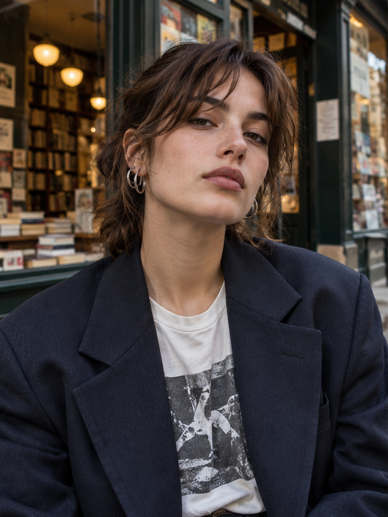 Adult model wearing a navy oversized blazer and stacked silver hoops outside a bookshop
