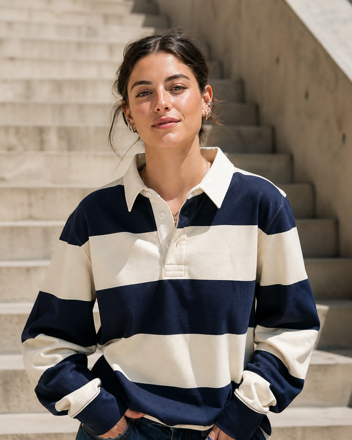 Navy Rugby Shirts and Silver Helix Cuffs for Campus Street Style