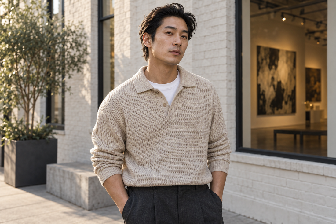 Adult model in an oatmeal knit polo with a small gold nose hoop beside a pale brick city art space