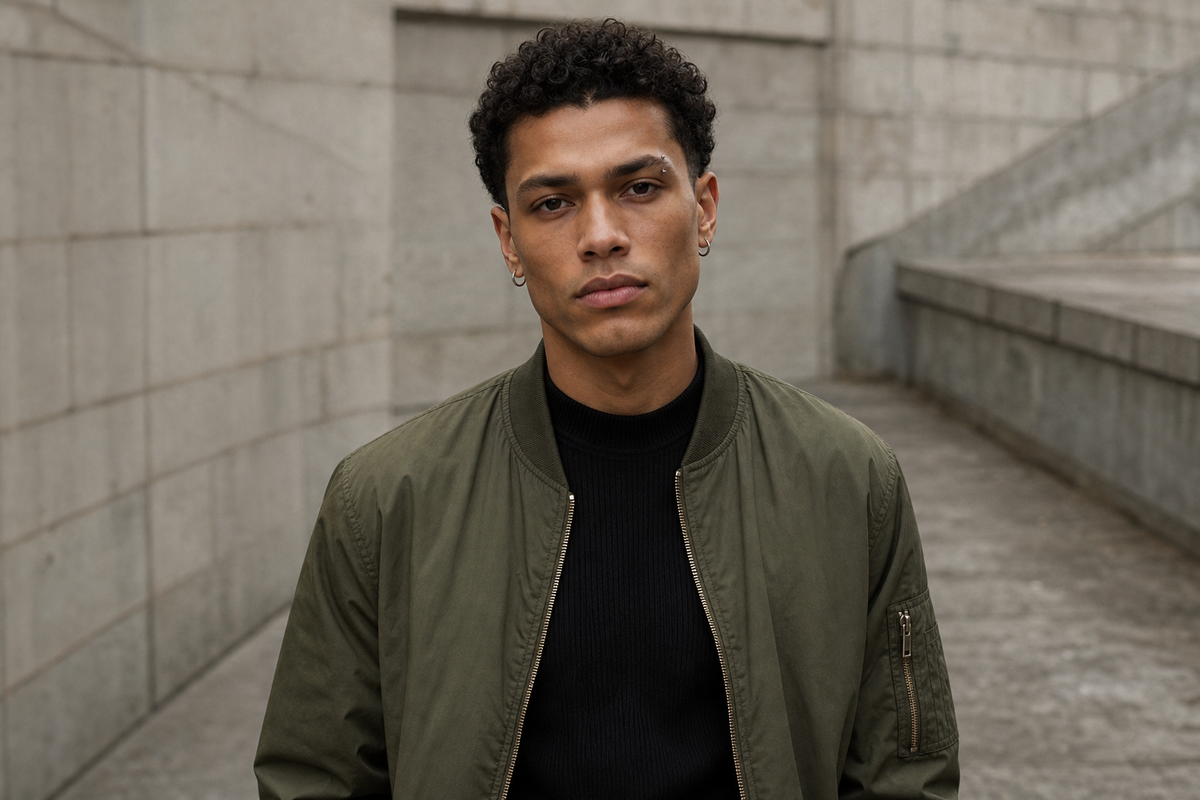 Adult streetwear model in an olive bomber wearing a silver eyebrow ring and silver ear jewelry