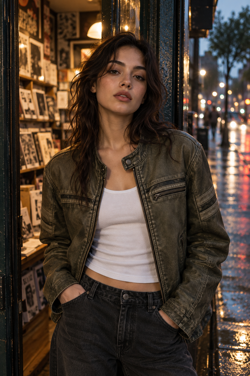 Streetwear model in an olive moto jacket and white tank wearing a silver nostril ring outside a zine shop