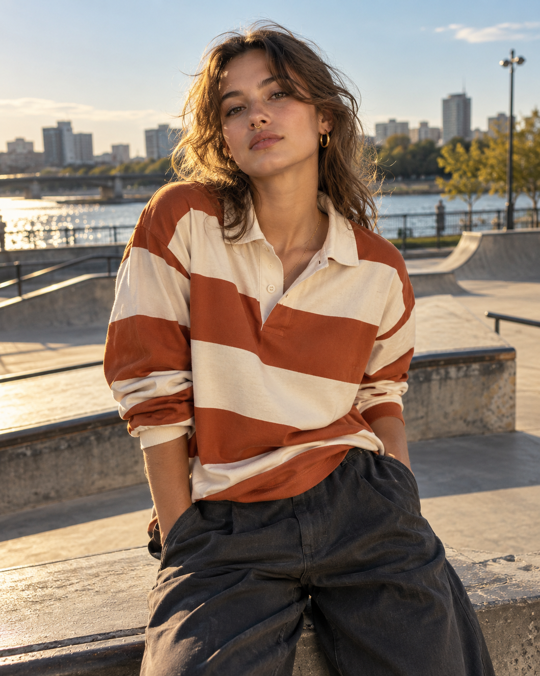 Streetwear model in a burnt-orange rugby shirt with a gold septum ring at a sunny riverside skatepark