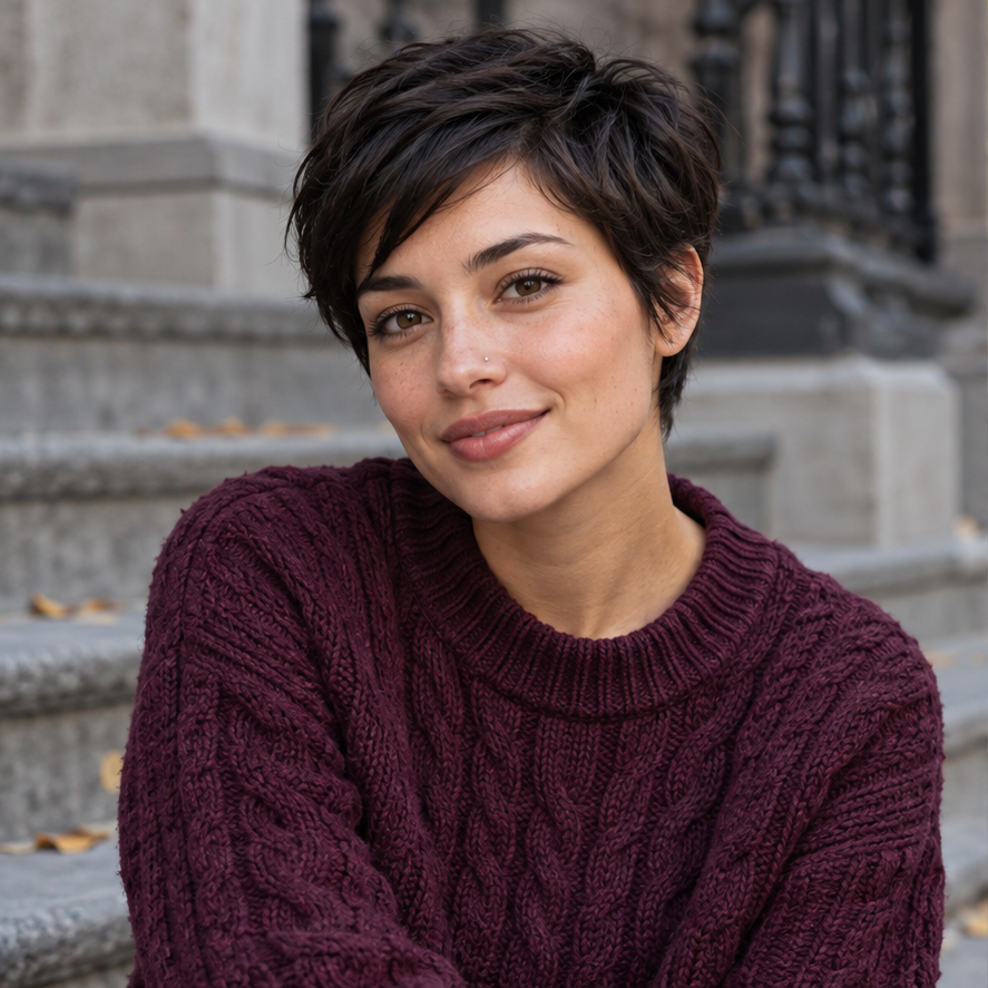 Style inspiration: adult model in a plum cable-knit sweater with a small silver nose stud