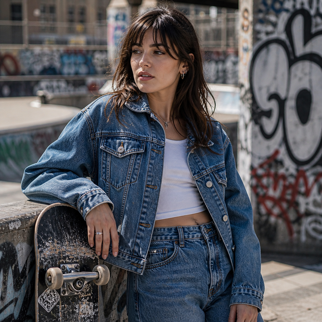 Punk-inspired skate style with denim layers and silver-tone jewelry