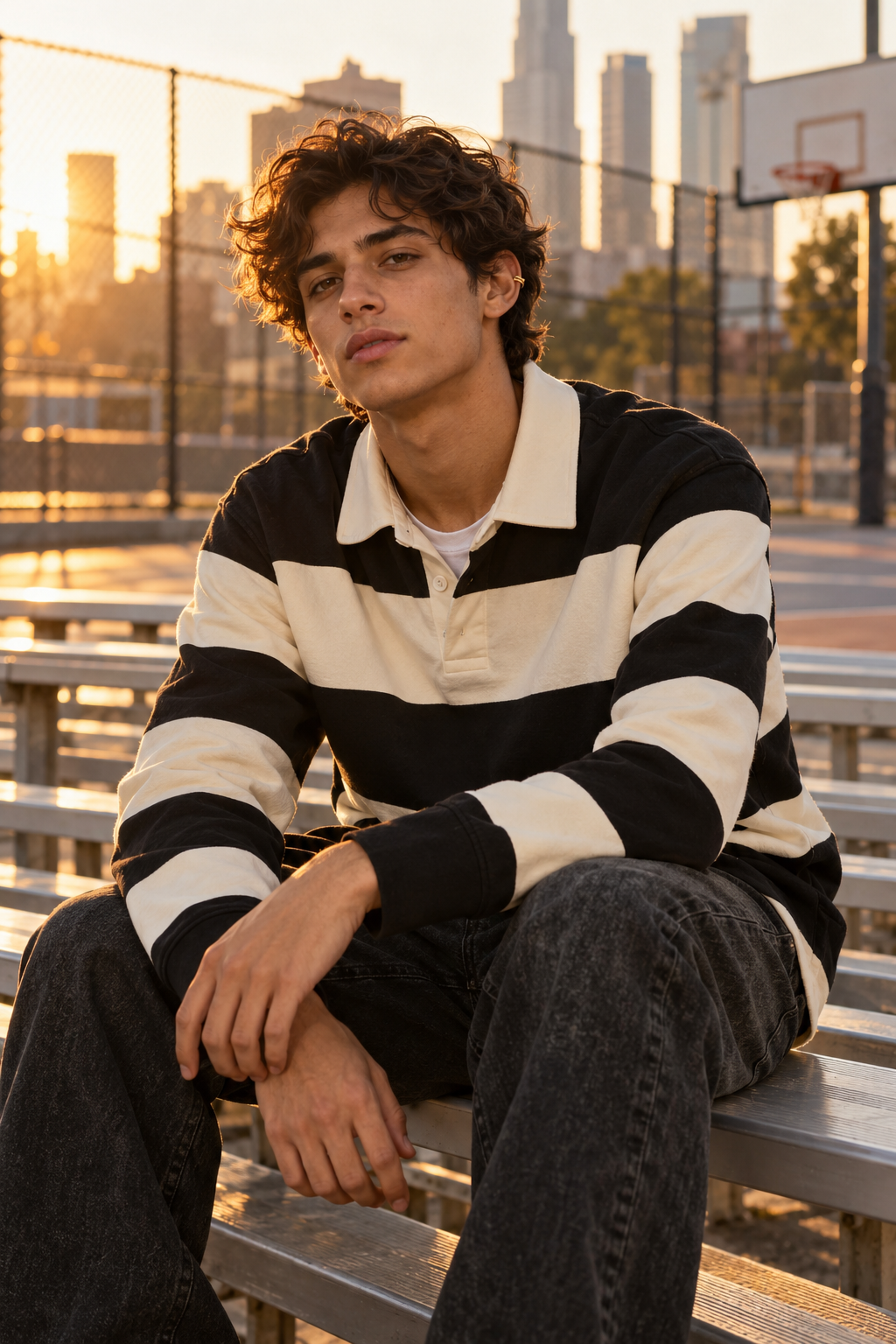 Streetwear model in a black-and-cream rugby shirt wearing a gold ear cuff on city court bleachers