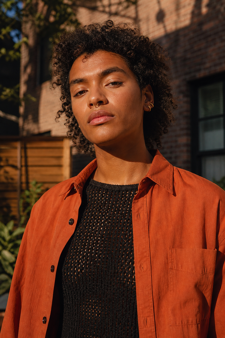 Rust Overshirts and Gold Septum Rings for Courtyard Street Style