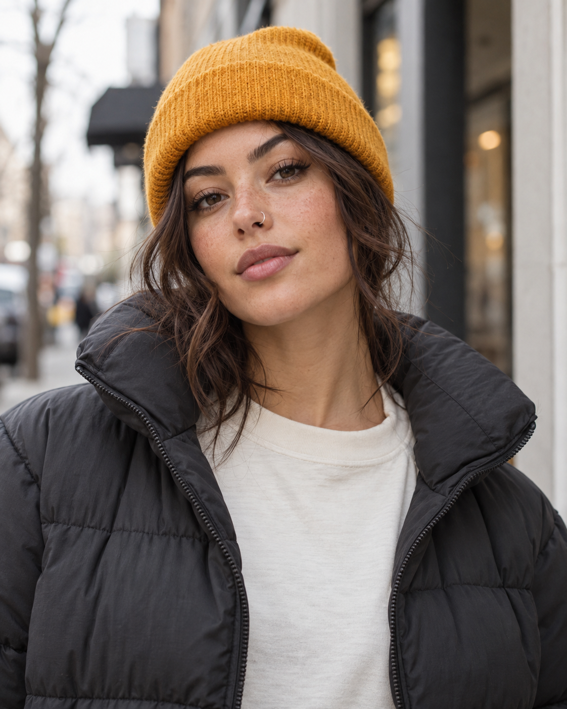 Streetwear model in a saffron knit beanie and charcoal puffer with a silver nostril hoop