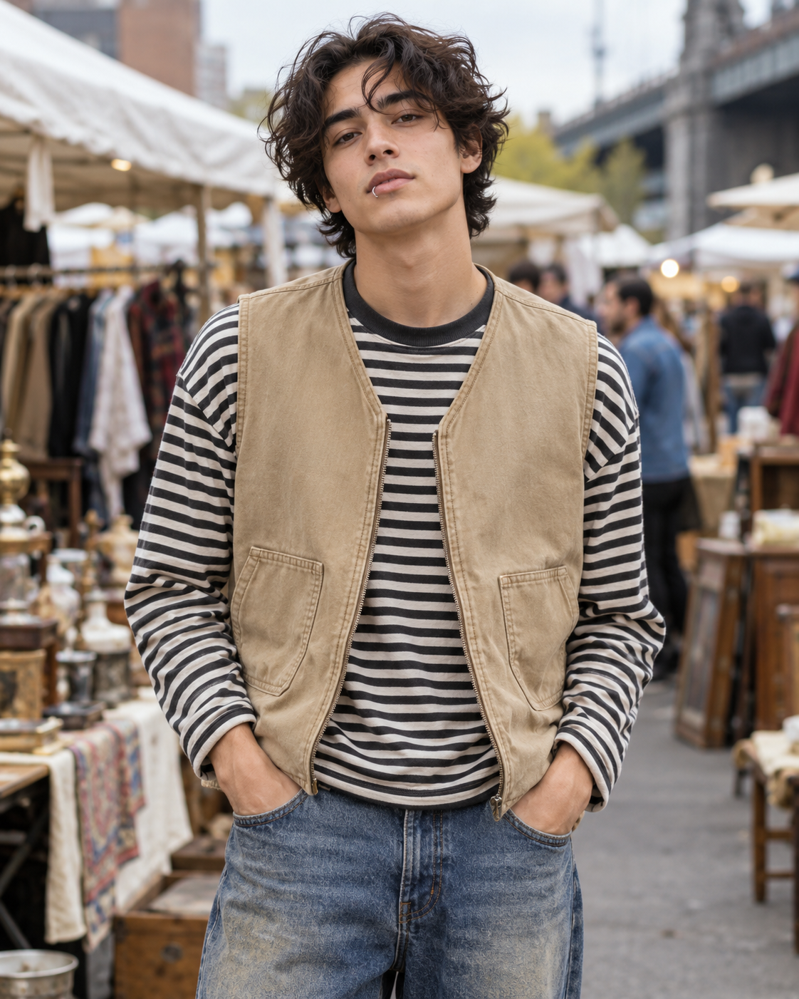 Streetwear model in a sand work vest and striped shirt wearing a silver lip ring at an outdoor flea market