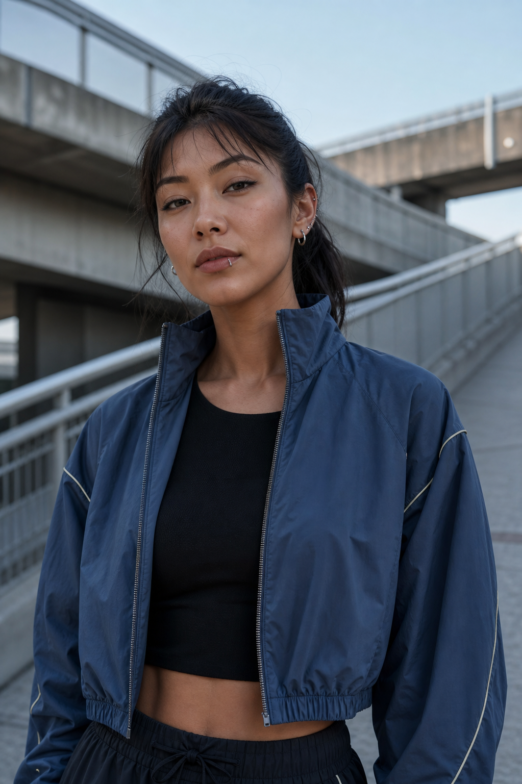 Adult model in a slate blue track jacket wearing a small silver lip ring and silver ear stack