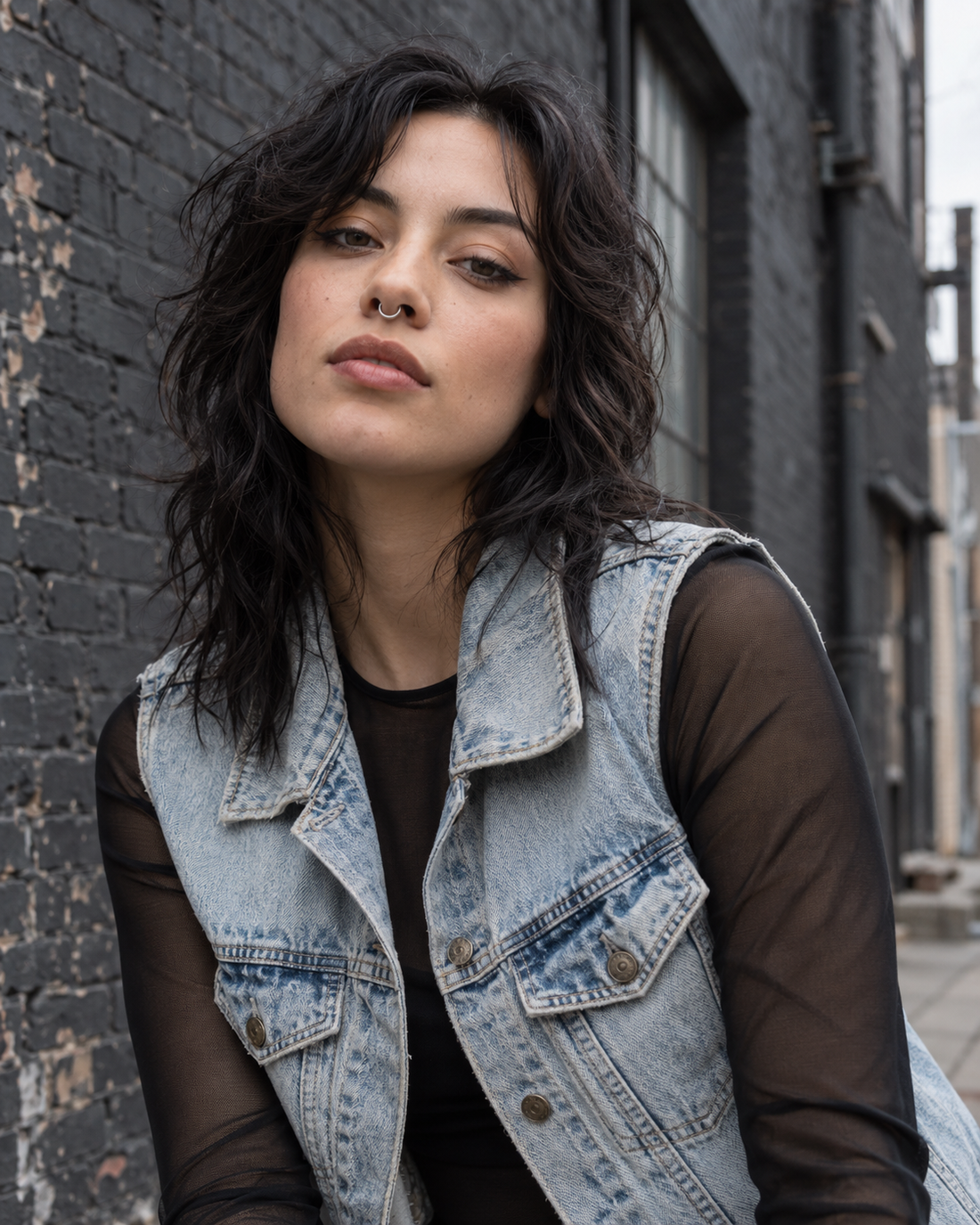 Adult model in a stonewash denim vest with a silver septum ring against a dark brick warehouse wall