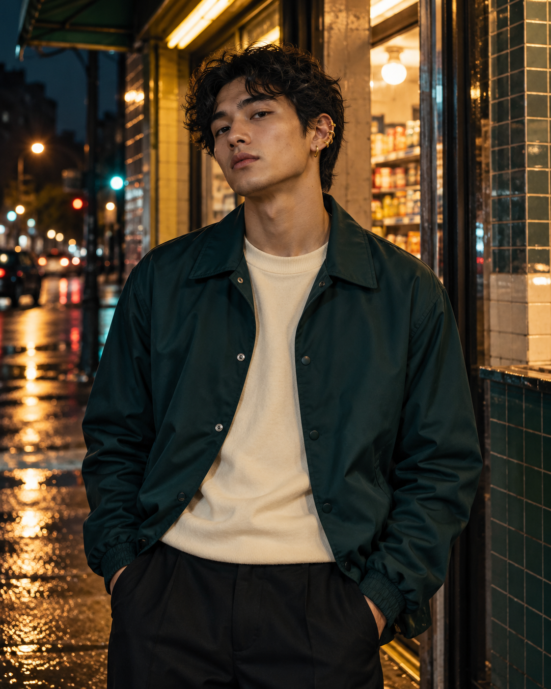 Streetwear model in a dark teal coach jacket and gold ear cuffs outside a warmly lit city corner store at night
