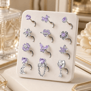 12PCS Copper Alloy Nose Studs Set, Silvery Tone Purple Rhinestone Nose Jewelry, Flower Heart Butterfly Moon Chain Designs, Fashion Body Jewelry For Women Daily Wear