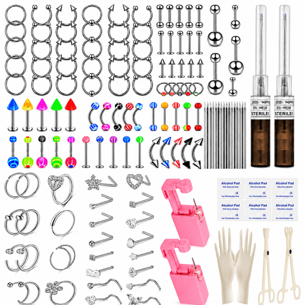 143PCS Bold Punk Style Body Piercing Kit Stainless Steel Finish Jewelry Ear Nose Septum Lip Belly Button Rings With Accessory Pieces Tools Set