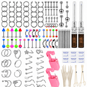 143PCS Bold Punk Style Body Piercing Kit Stainless Steel Finish Jewelry Ear Nose Septum Lip Belly Button Rings With Accessory Pieces Tools Set