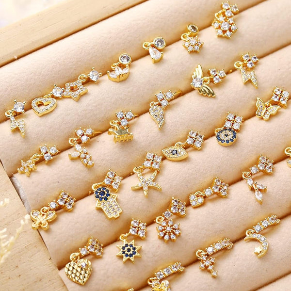 30PCS 20g Dangle Nose Rings for Women L Shaped Gold Dangling Nose Piercings Studs Flower Heart Star Leaf Hoop Jewelry with Charm