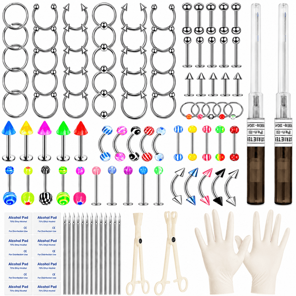 All-In-One DIY Body Piercing Starter Kit with Colorful Acrylic & Metal Barbells Rings Piercing Accessory Pieces Gloves Body Modification Jewelry Set