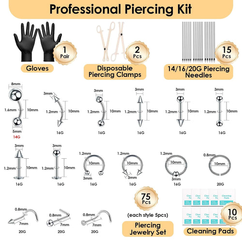 
  
    104PCS Body Septum Piercing Kit with 14G/16G/20G Piercing Accessory Pieces Piercing Jewelry and Tool Set for Ear Nose Belly Button Nipple Lip Cartilage Eyebrow Tongue Navel Piercing Kit for All Piercings
  
