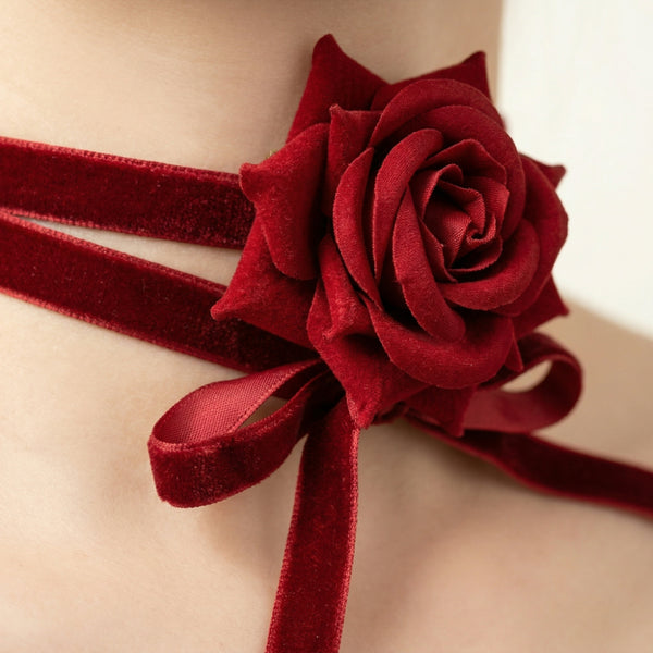Red Velvet Rose Ribbon Choker Necklace