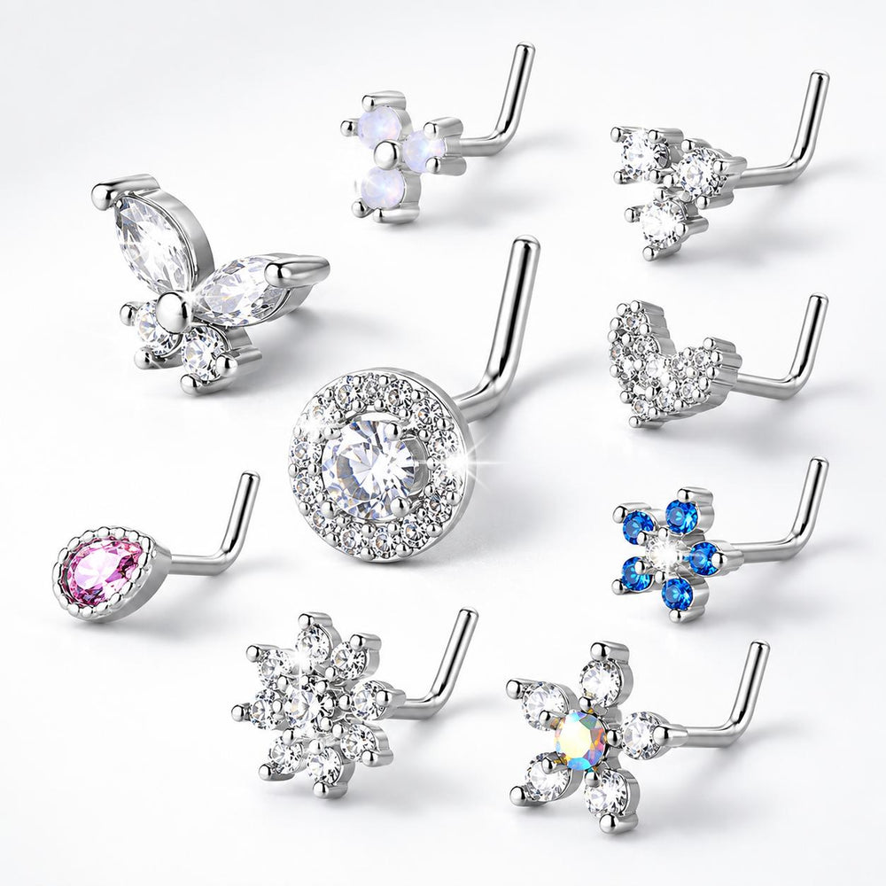 Women's 9PCS Silvery CZ Crystal L-Shaped Nose Studs Set - Flower, Heart, Butterfly, Teardrop Designs - Daily Wear Piercing Body Jewelry Accessories