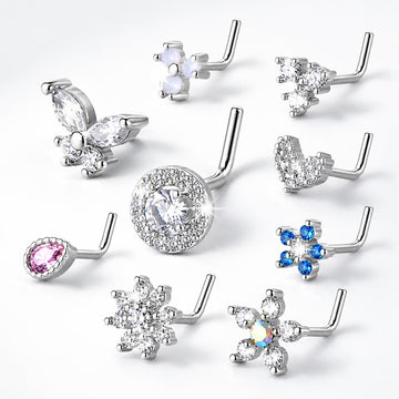 Women's 9PCS Silvery CZ Crystal L-Shaped Nose Studs Set - Flower, Heart, Butterfly, Teardrop Designs - Daily Wear Piercing Body Jewelry Accessories