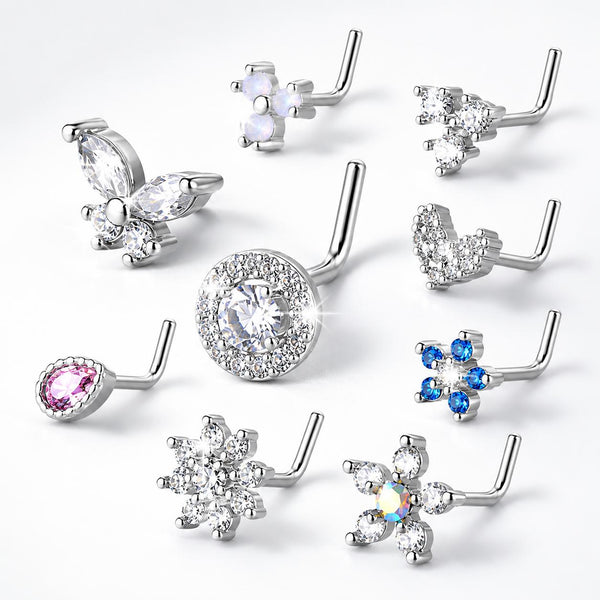 Women's 9PCS Silvery CZ Crystal L-Shaped Nose Studs Set - Flower, Heart, Butterfly, Teardrop Designs - Daily Wear Piercing Body Jewelry Accessories