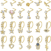 24PCS 20G K18 Gold-Plated Copper Nose Ring Pendants, Women's L-Shaped Nose Stud Set with CZ Flower/Leaf/Heart/Moon/Star/Butterfly Pendants, Delicate Nose Jewelry