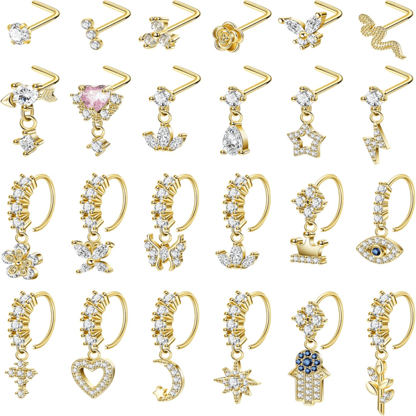 24PCS 20G K18 Gold-Plated Copper Nose Ring Pendants, Women's L-Shaped Nose Stud Set with CZ Flower/Leaf/Heart/Moon/Star/Butterfly Pendants, Delicate Nose Jewelry