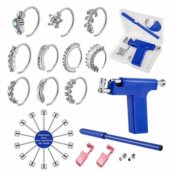 Copper Alloy Nose Rings Hoop Set, Silver Tone CZ Rhinestone Nose Hoops With Piercing Tool Kit, Fashion Body Jewelry Accessories For Women Men